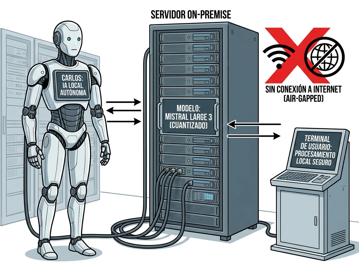 Diagrama de arquitectura de inteligencia artificial on premise España-UE para servidor de inteligencia artificial empresarial soberana España, mostrando el agente CARLOS con Mistral Large 3 cuantizado ejecutándose aislado sin conexión a internet, garantizando residencia de datos y cumplimiento RGPD y NIS2.