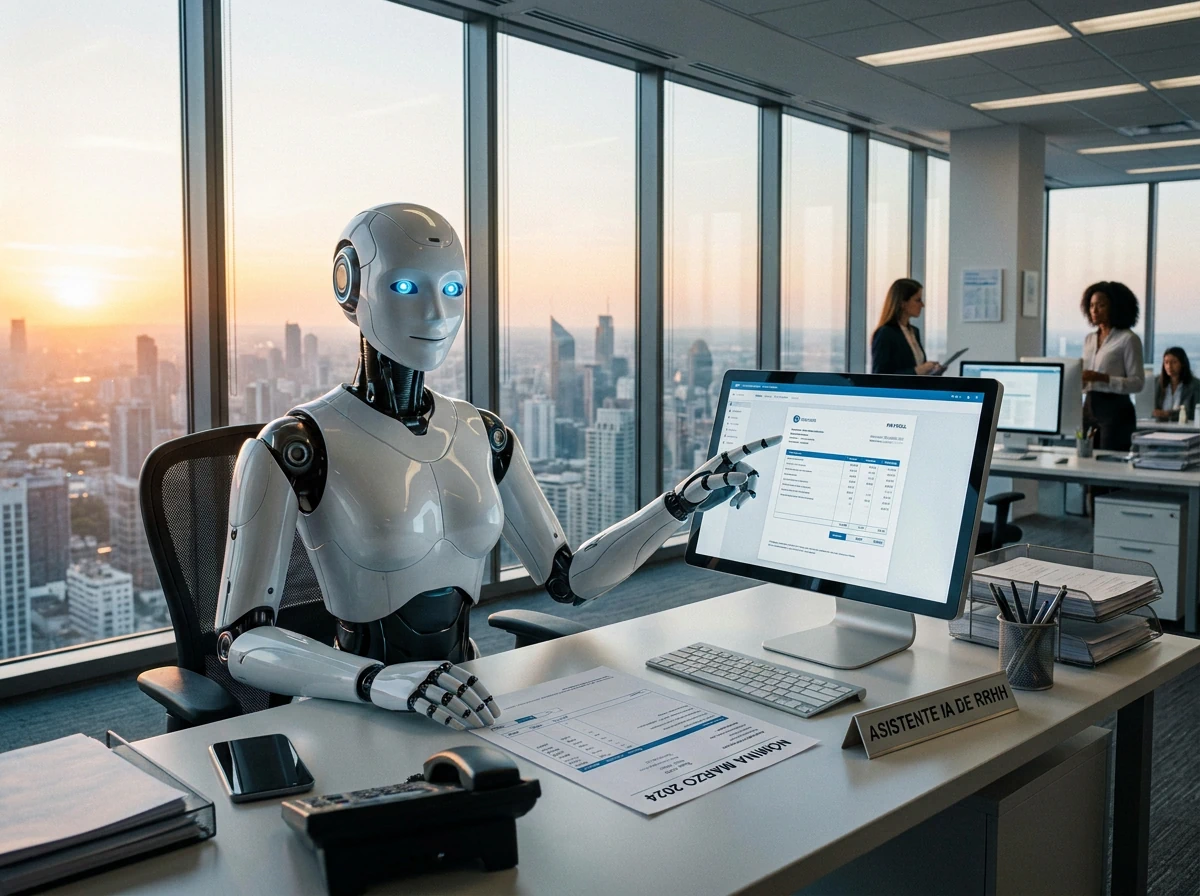Agente de inteligencia artificial soberana con aspecto de robot humanoide asistiendo a un departamento de recursos humanos en una oficina ubicada en un rascacielos. Sobre la mesa, nóminas de empleados y documentos confidenciales visibles, mientras el asistente IA procesa datos de personal sin exponer información sensible. La imagen representa una solución de inteligencia artificial on premise España - UE, con cumplimiento RGPD, NIS2 y ENS, ideal para empresas que buscan un asistente de RRHH seguro, con servidor de inteligencia artificial empresarial soberana España y protección total de los datos de empleados.