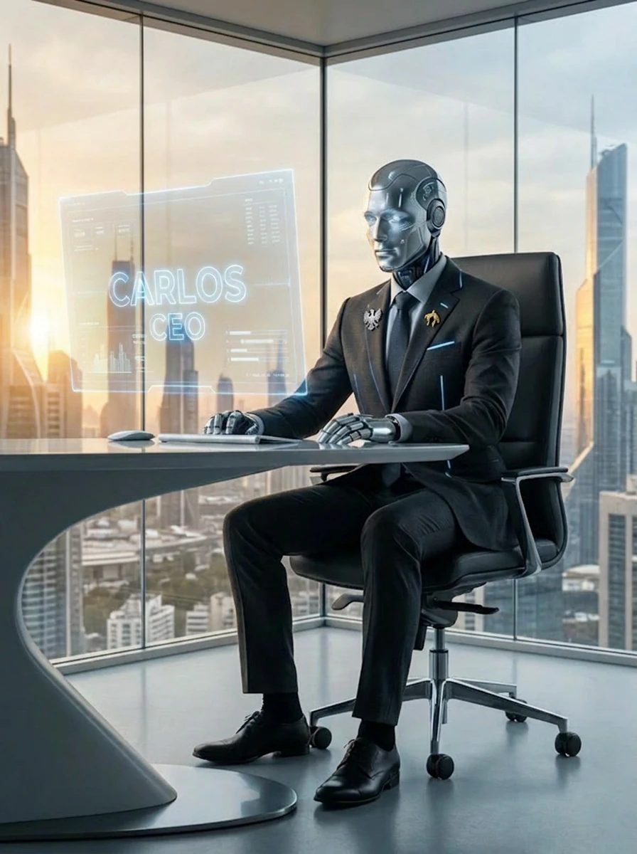 Agente CEO digital CARLOS de TOWINIA ejecutando inteligencia artificial soberana on premise España-UE con modelo Mistral Large 3, analizando gráficos financieros estratégicos en servidor de inteligencia artificial empresarial soberana España sin exponer datos a la nube.