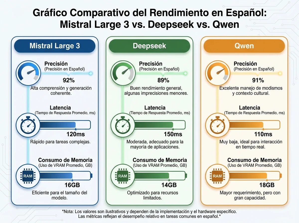 Gráfico comparativo de rendimiento en español entre Mistral Large 3, Deepseek y Qwen para inteligencia artificial empresarial soberana. Mistral supera en precisión y latencia, ofreciendo soberanía de datos bajo jurisdicción europea frente a modelos chinos, cumpliendo con inteligencia artificial Act empresas europeas y responsabilidad directiva NIS2.