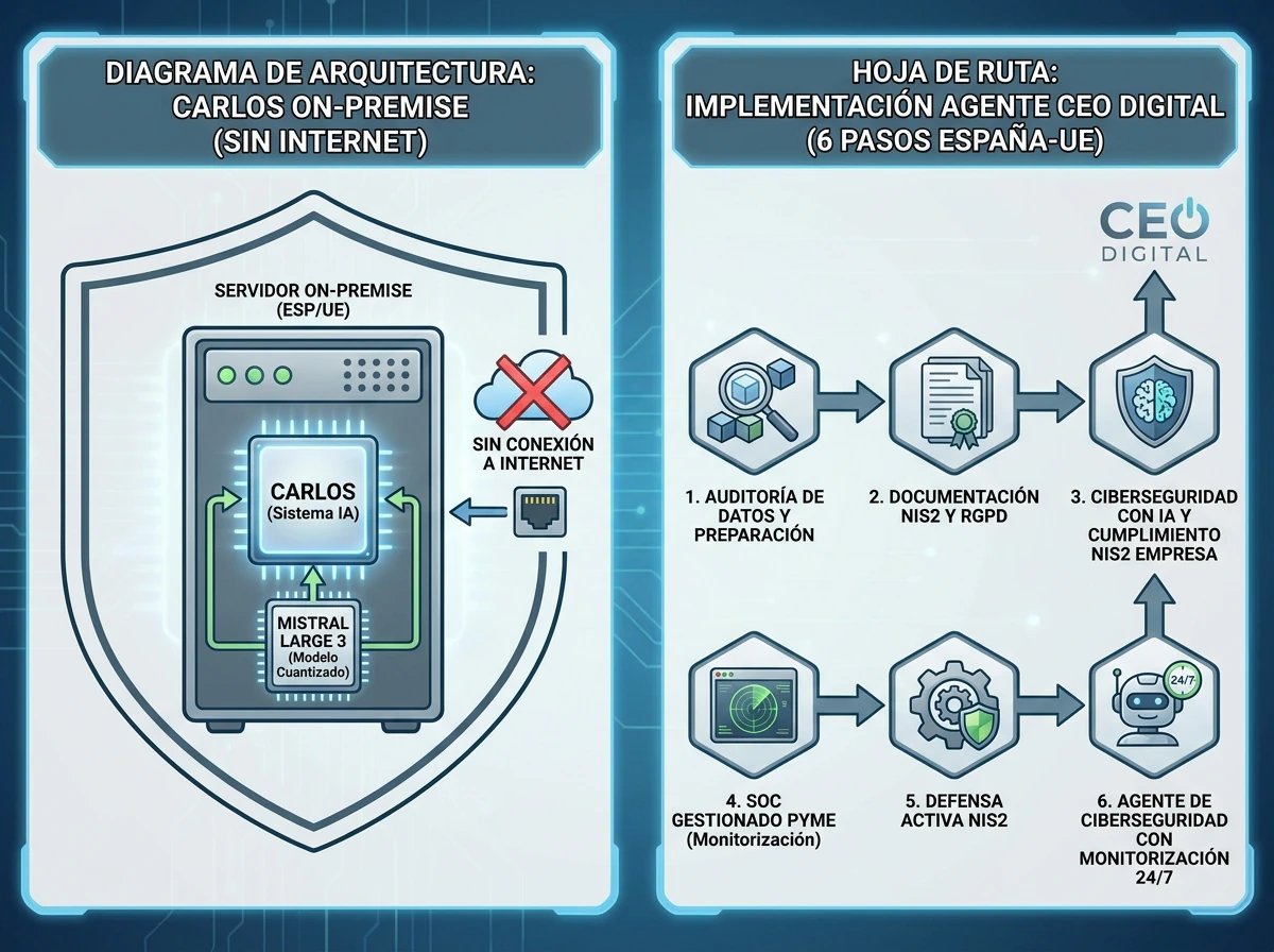 Infografía de hoja de ruta en 6 pasos para implementar agente CEO digital con inteligencia artificial on premise España-UE: desde auditoría de datos hasta documentación NIS2 y RGPD, incluyendo ciberseguridad con inteligencia artificial y cumplimiento NIS2 empresa, SOC gestionado PYME y defensa activa NIS2, y agente de ciberseguridad con monitorización 24/7.