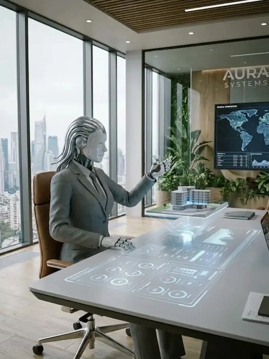 Agente de inteligencia artificial on premise España - UE en oficina ejecutiva con interfaz holográfica para gestión empresarial, análisis financiero y toma de decisiones automatizada